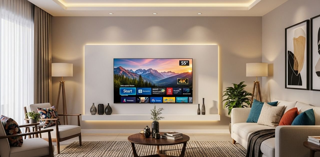 55 inch LED TV setup in a modern Pakistani living room